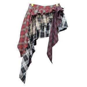 71k5kbjkFhL.jpg Women's Y2k High Waist Plaid Patchwork Tiered Pleated Asymmetrical Hem Mini Skirt