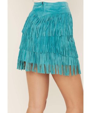 Women's Fringe Tiered Suede Mini Skirt - L704-Trq