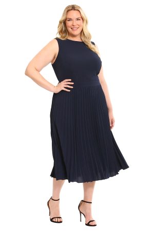 Women's Sleeveless Stretch Light Bubble Crepe Pleated Skirt Midi Dress