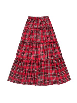 Women's Plaid High Waisted A Line Skirt Ruffle Hem Layered Holiday Maxi Skirts