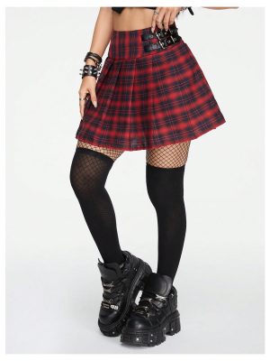 71shJd3yJUL.jpg Women's Y2K Plaid Skirt Print Flared Hem Mini Skirt Pleated A Line Short Skirts