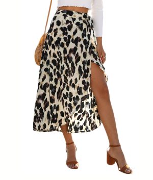 Women's Boho Leopard Skirt High Low Split Summer Beach Midi Wrap Skirts