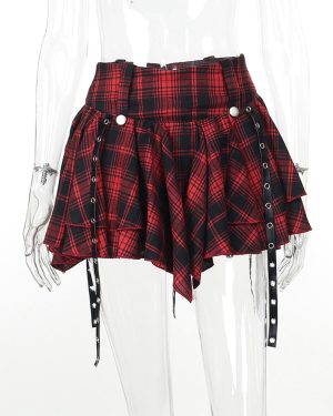 Womens Punk Plaid Skirt Gothic Pleated Mini Skirts A Line Grunge Harajuku Half Skirted Y2K Emo Checkered Skirt