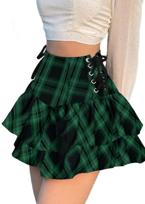 Womens Y2k Gothic Skirt High Waisted Lace Up Double Layered Ruffles Punk Mini Emo Skirts