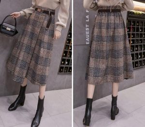 71vt4-N247L.jpg Women's Vintage Plaid Wool Blend Midi Skirt Houndstooth A Line Wool Long Skirt with Belt