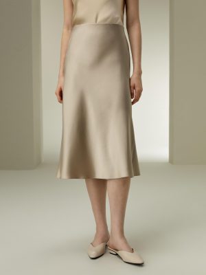 71xROg0QieL.jpg Silk Midi Skirt Bias-Cut 32Momme Double-Faced 100% Silk Charmeuse Side Slit Hem Waistband