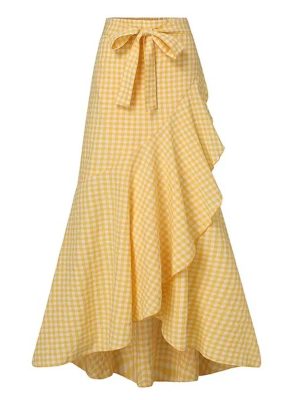 Women's Casual Plaid Mermaid Maxi Skirt A Line Irregular Ruffle Hem Fishtail Long Skirt Spring Summer