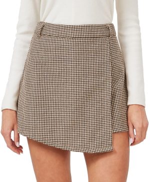Women's Casual High Waisted Asymmetrical Hem A-line Plaid Faux Leather Dressy Wrap Skort Shorts