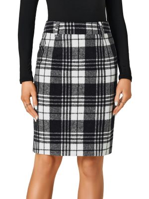 Women's Wool Plaid Print High Waist Zipper Bodycon Fall Pencil Midi Skirt Knee Length