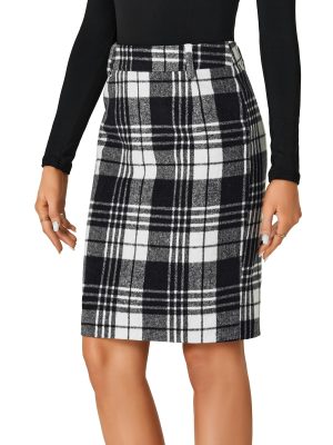 Women's Wool Plaid Print High Waist Zipper Bodycon Fall Pencil Midi Skirt Knee Length