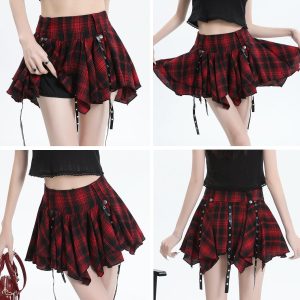 Womens Plaid Skirt Y2k Gothic Clothes High Waisted Irregular Ribbon Puffy Steampunk Mini Skorts