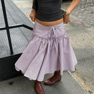 Y2k Plaid Midi Skirt for Women High Waist Tie Up Ruffle Trim Swing A Line Gingham Skirts Vintage Aesthetic Streetwear