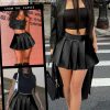 Short Mini Skirts for Women Trendy High Waisted Faux Leather Pleated Solid Ruffle Skirt