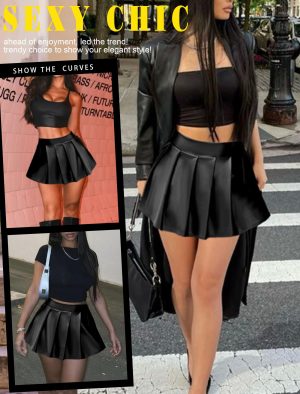 Short Mini Skirts for Women Trendy High Waisted Faux Leather Pleated Solid Ruffle Skirt