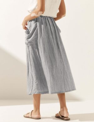 81WFXIBFvFL.jpg Womens Plaid Midi Skirt Flowy Elastic High Waist Long Skirts with Pockets