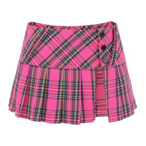 81WJEuJV9pL.jpg Mini Plaid Pleated Skirt Women's US Size Low Waist Slit Schoolgirl Uniform