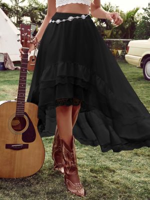 Women's Western Boho Lace Ruffle Skirt Asymmetrical Country Cowgirl Skirts