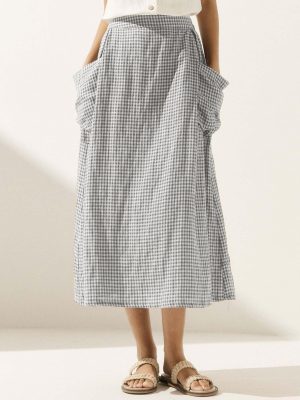 Womens Plaid Midi Skirt Flowy Elastic High Waist Long Skirts with Pockets