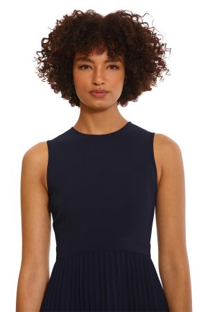 Women's Sleeveless Stretch Light Bubble Crepe Pleated Skirt Midi Dress