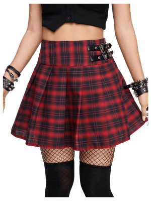 81nxYt1pQhL.jpg Women's Y2K Plaid Skirt Print Flared Hem Mini Skirt Pleated A Line Short Skirts