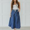 Denim Skirts for Women Trendy A Line Long Maxi Pull On Elastic Waist Drawstring Stretchy Jean Skirt with Pockets