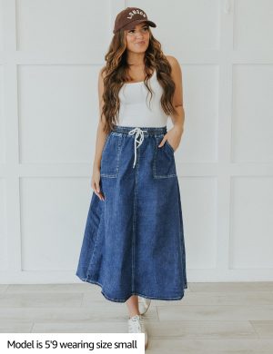 Denim Skirts for Women Trendy A Line Long Maxi Pull On Elastic Waist Drawstring Stretchy Jean Skirt with Pockets