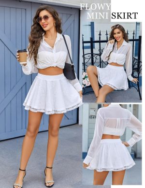 Skirts for Women Lace Pleated Ruffles Skater Skirt Elastic Waistband Sexy Basic Stretchy Flared Casual Mini Skirt