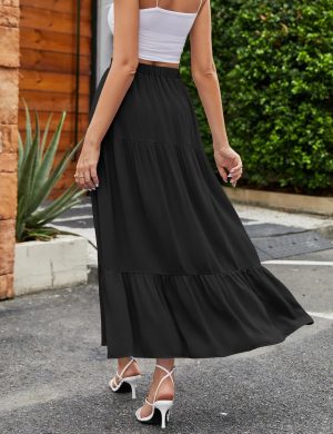 Women's 2025 Summer Flowy Boho Maxi Skirt Trendy Slit Elastic High Waist A Line Beach Long Skirts with Pockets