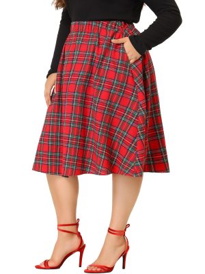 Plus Size Vintage Skirt for Women 2024 A-line Plaid Printed Flare Elastic High Waist Midi Skirts