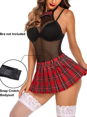 Women Schoolgirl Lingerie Sexy Roleplay Lingerie Set Student Snap Crotch Bodysuit and Mini Skirt