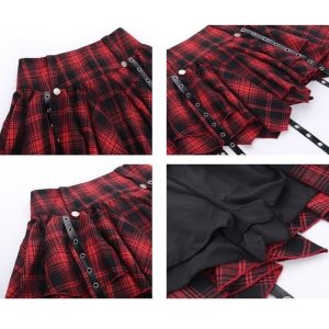 Womens Plaid Skirt Y2k Gothic Clothes High Waisted Irregular Ribbon Puffy Steampunk Mini Skorts