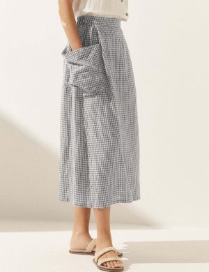 81y5flfWL.jpg Womens Plaid Midi Skirt Flowy Elastic High Waist Long Skirts with Pockets