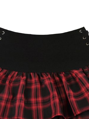 Womens Gothic Skirt Y2k 2000s Girl Mall Goth Punk Skirts High Waist Lace-Up Ruffle Fairy Grunge Mini Skirts