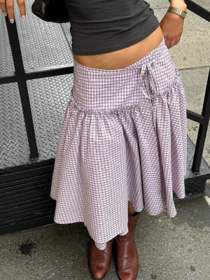Y2k Plaid Midi Skirt for Women High Waist Tie Up Ruffle Trim Swing A Line Gingham Skirts Vintage Aesthetic Streetwear